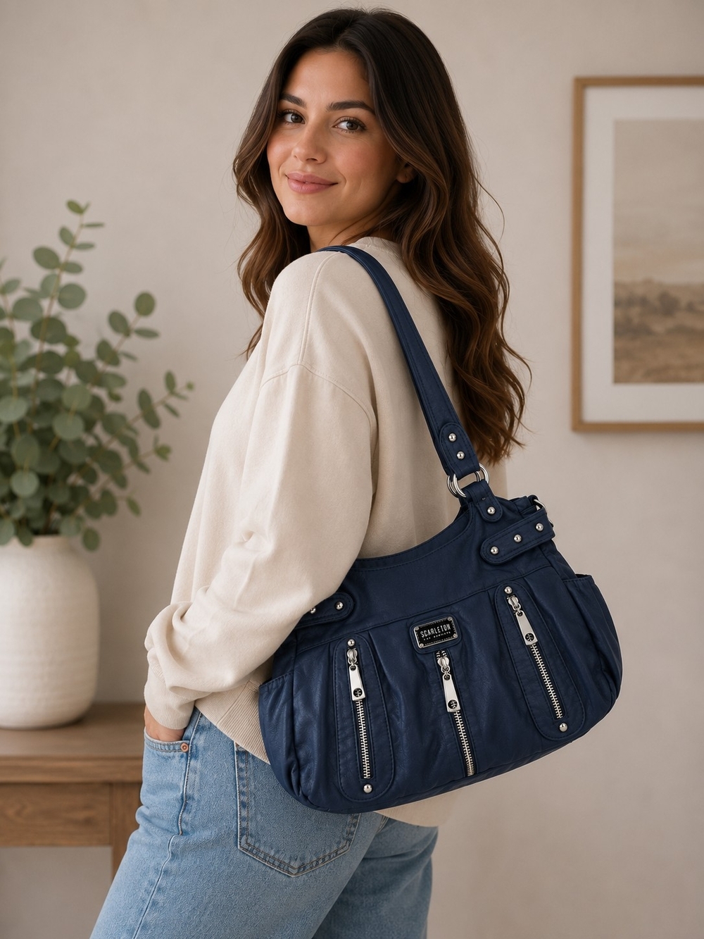 Scarleton Navy Blue Shoulder Bag | Multi Pocket Satchel | Silver Hardware